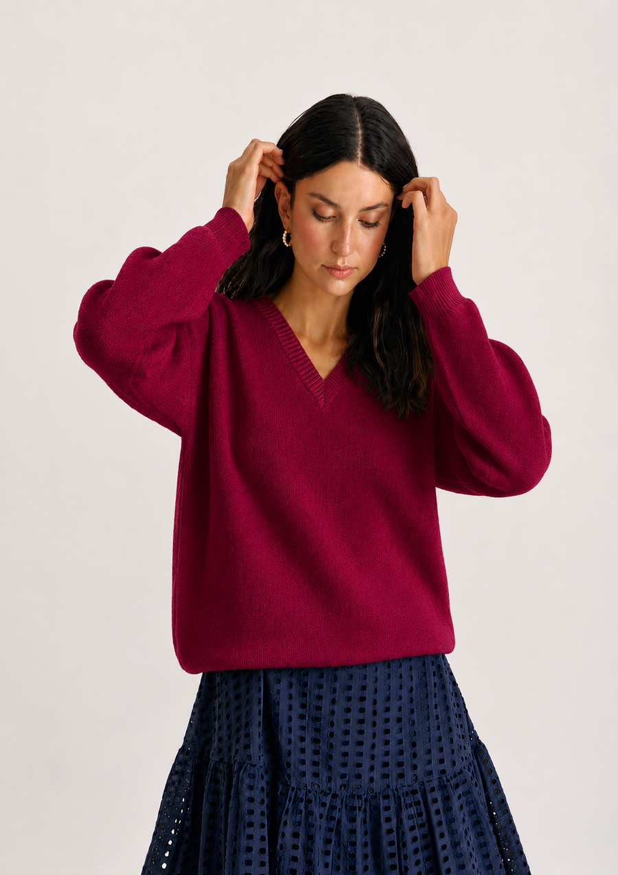 SWEATER EN V BASICO CARMESI