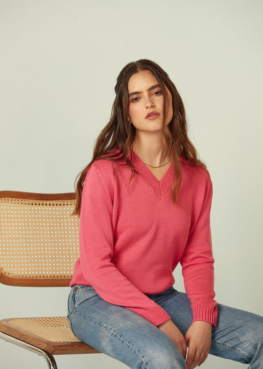 SWEATER EN V JERSEY FUCSIA