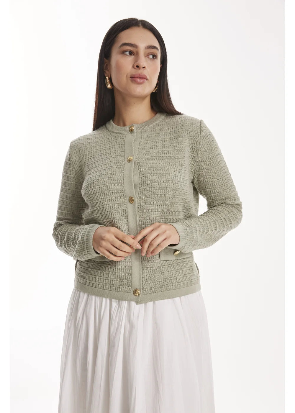 CARDIGAN MERLE en VERDE HOJA - Vista lateral | ZEPHIR