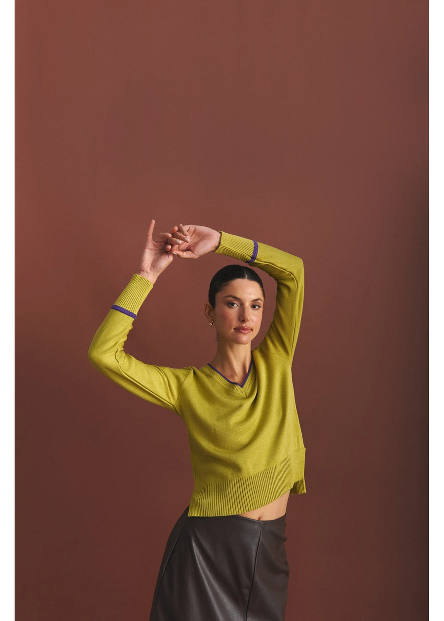 SWEATER EN V PEARL VERDE CITRON
